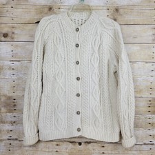 Vtg Wool Cable Knit Fishermans Cardigan Sweater Womens M L Unbranded Ivory Cream
