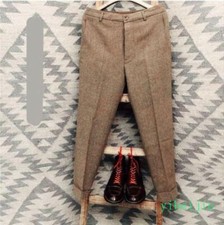 Men's Herringbone Wool Straight Leg Trousers Formal Dress Pant Formal High Waist