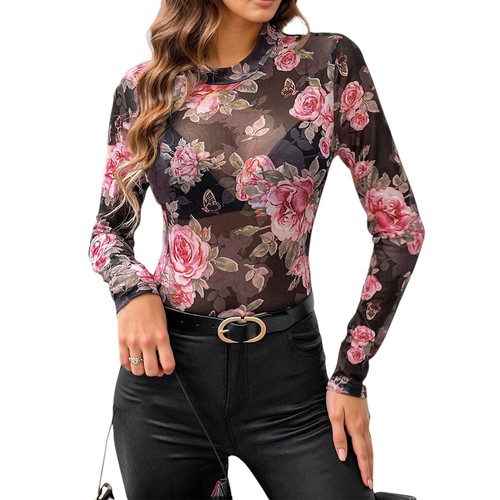 Womens Sexy See Through Floral T Shirt Blouse Long Sleeve Party Clubwear Tops - Picture 9 of 15