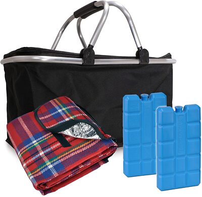 e-Best - Thermo Einkaufskorb mit 2 Kühlakkus und Picknickdecke rot - Korb mit ge
