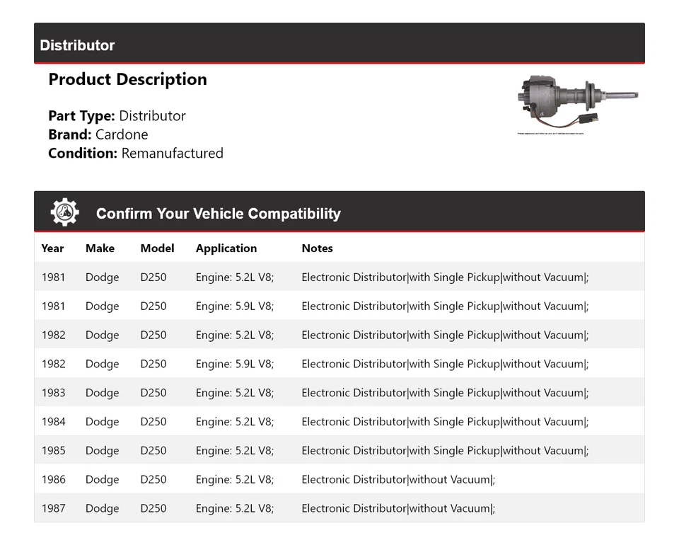 Для 1981-1987 Dodge D250 дистрибьютор Cardone 1982 1983 1984 1985 1986 - Изображение 2 из 4