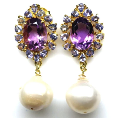 925 Sterlingsilber 15 Mm. Weiße Perle, Amethyst & Tansanit Ohrringe - Bild 1 von 4