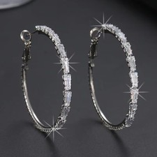 Hoop Earrings Silver Charm Large Dangle Drop Sparkly Big Round Rhinestone Gift