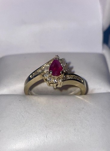 ESTATE Solid 14K Gold Pear-Cut Natural Ruby Diamond Cocktail Ring Size 7 - Picture 5 of 10