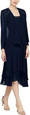 S.L. Fashions Women's Embellished-Shoulder and Neck Jacket Dress Navy Size 16
