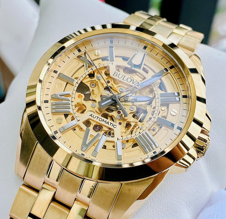 Bulova Sutton Automatic Skeleton Dial Gold Tone Men's Watch 97A162