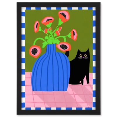 Blau gemusterte Vase und schwarze Katze Illustration gerahmt Wandbild Bild Druck A3