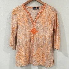 Westbound Women Petite PM Blouse Orange Aztec Embroidered 3/4 Sleeve 100% Cotton