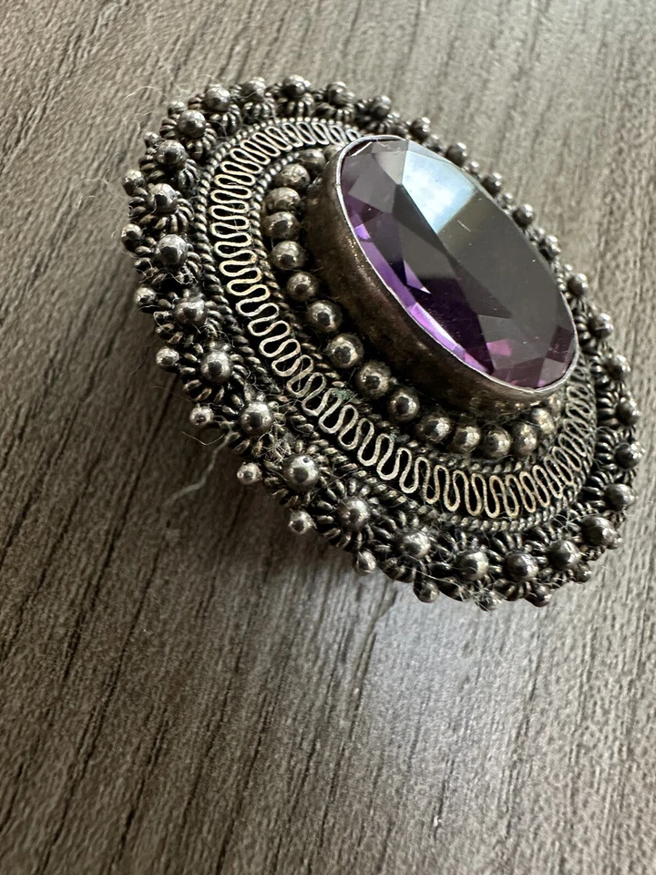 ANTICA SPILLA IN ARGENTO CON AMETISTA INCASTONATO - Immagine 3 di 3