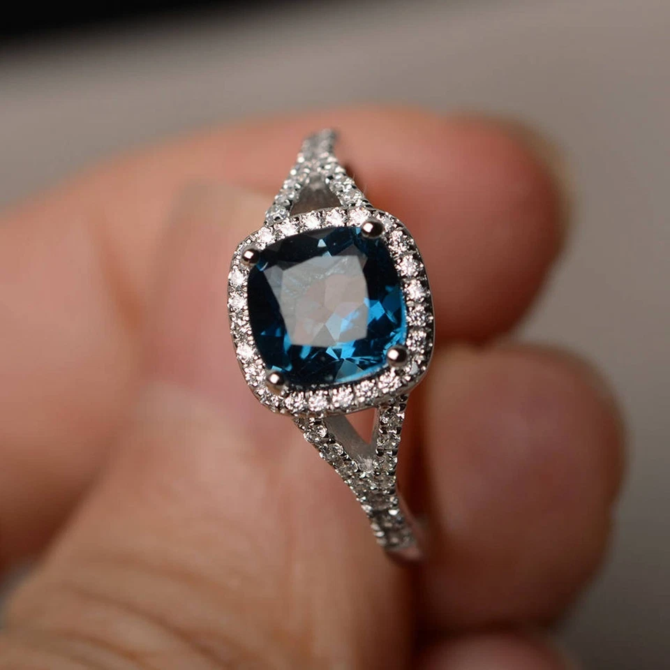 Real London Blue Topaz Ring Cocktail Ring Cushion Cut Blue Gemstone Halo Ring - Image 2 of 4