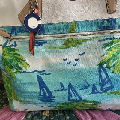 Coach Resort Beach Scene Blue Green Canvas Tote White Crossgrain