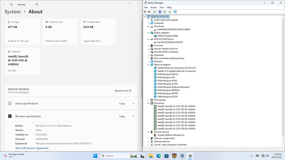 HP Z4 G4 Workstation 19" XEON W-2125 512GB SSD 64GB W11P Quadro P4000 DVD - Image 2 of 4