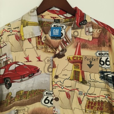 David Carey GM Route 66 Hawaiian Shirt Mens L Short Sleeve Tropical Cars