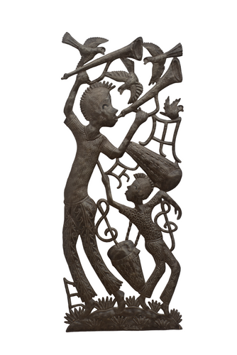 Musical Dad & Son Playing Music, Handmade Haitian Metal Art, Upcycled - Picture 1 of 2