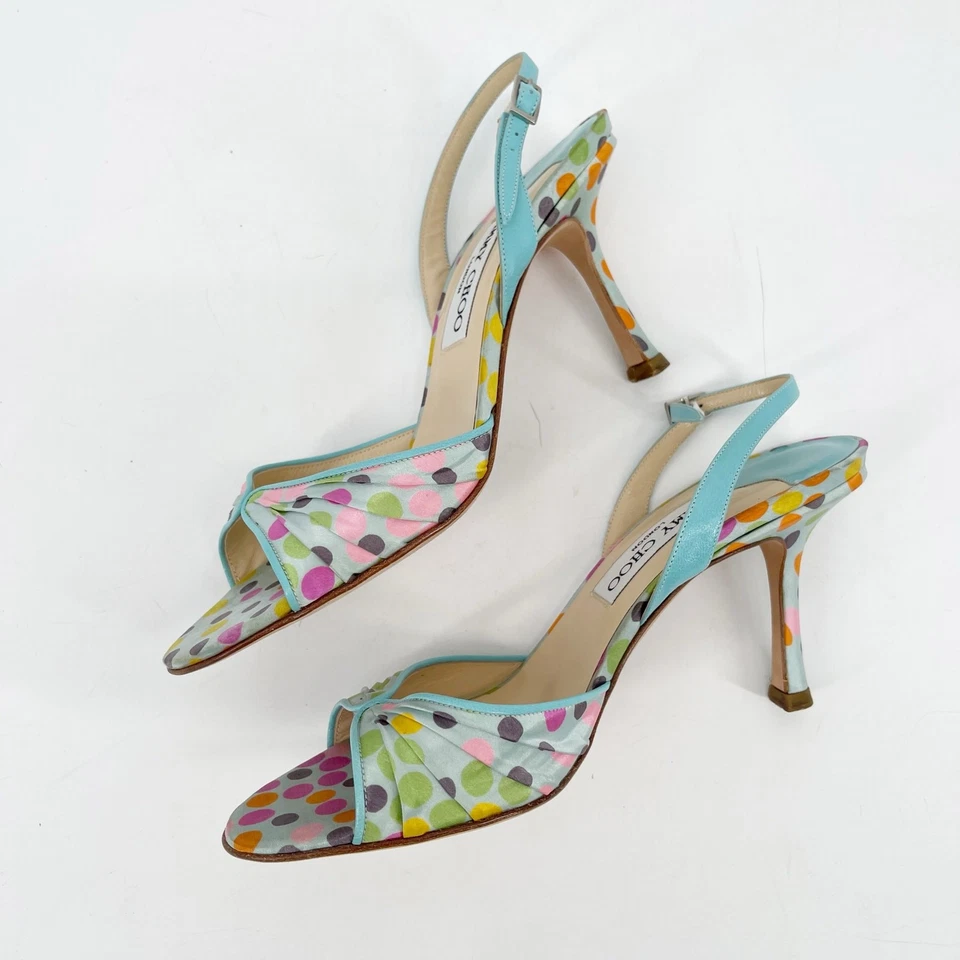 Vintage Y2K Jimmy Choo Multicolor Polka Dot Satin Slingback Peep Toe Heels IT 37 - Image 4 of 4