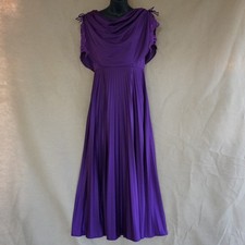 Vtg 70s ILGWU Purple Pleated Maxi Dress Draped Cowl Capelet Lace Prom Disco M