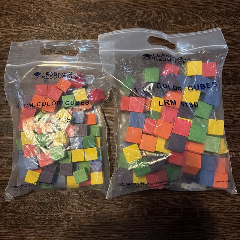 2 packages of Learning Resources Wooden Color Cubes.  1-Inch & 2 centimeter size