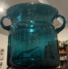 Vintage Blenko Teal Vase with Handles Air Bubbles