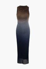Women Ombre Mesh Ruched Stretch Cowl Neck Sleeveless Maxi Bodycon Dress M