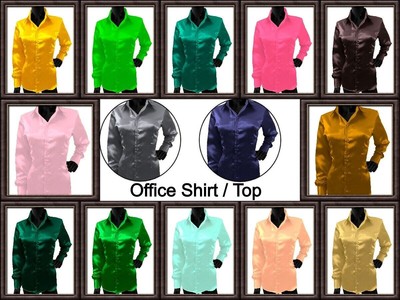 Satin Langarm Kragen Ausschnitt Bluse Shirt T-Shirt Tops Freizeit Basic...