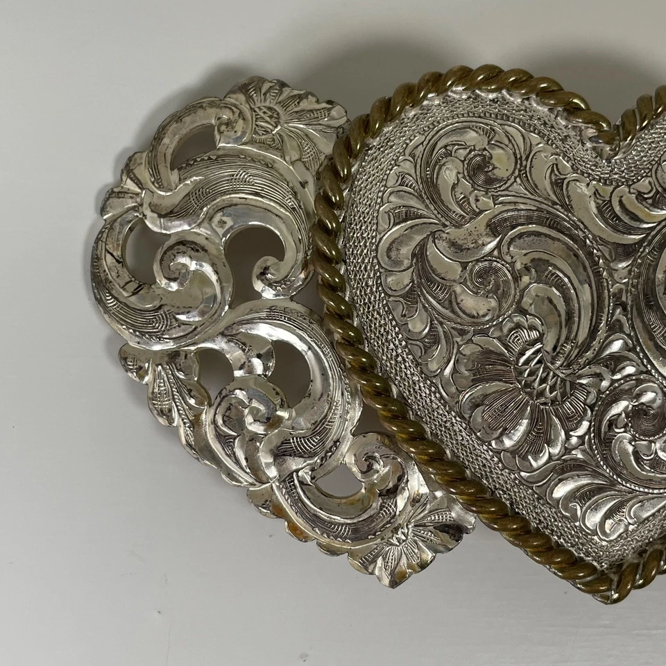 VTG Crumrine Belt Buckle 3 Heart Floral Silver Plate On Bronze Etched 4” - Image 3 of 4