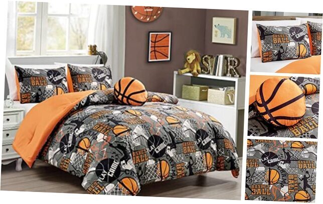4-Piece Kids Bedding Comforter Set - Full/Queen Gray/Orange/Black Basketball