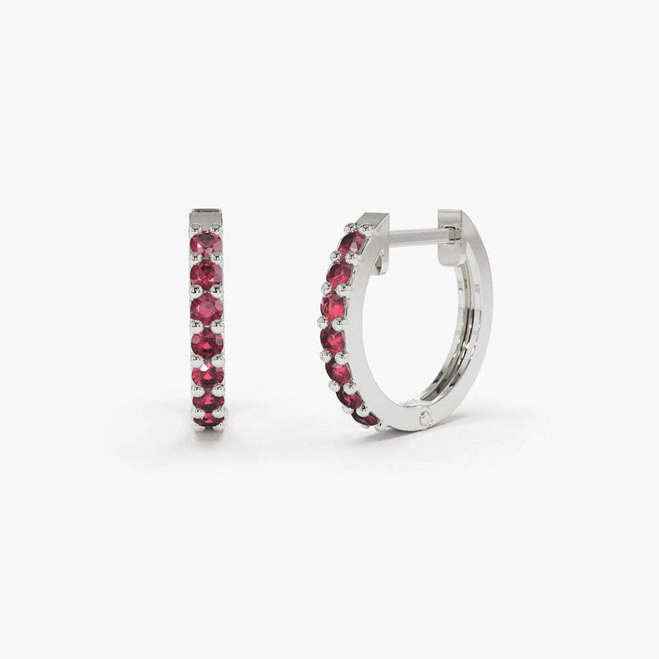 10k Solid Gold With Red Ruby Huggie Hoop Women Earrings - Image 4 of 4