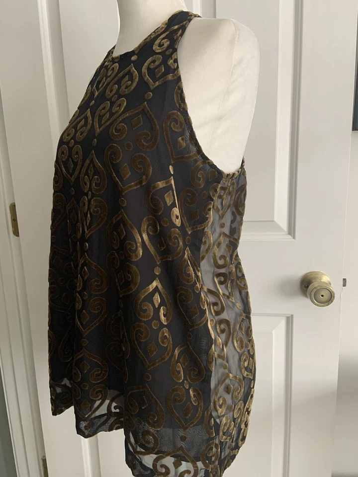 BB Dakota Sheer Black Velvet Floral Sleeveless Highneck Top w Keyhole bk sz S - Image 3 of 4