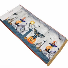 Isaac Mizrahi Halloween Cats & Bats on Pumpkin in Cemetery 72" Table Runner 
