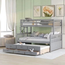 Twin-Over-Full Bunk Bed Frame with Twin Size Trundle 3 Drawers for Bedroom Gray