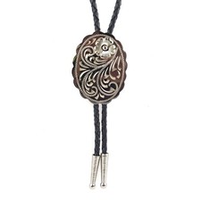 Engraved Floral Bolo Tie Adjustable 36" Cord USA Made Western German Silver