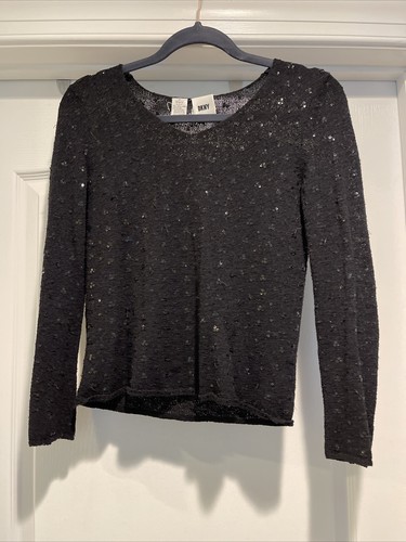 DKNY Donna Karan schwarzer Wollmischung Pailletten Pullover Oberteil Gr.P