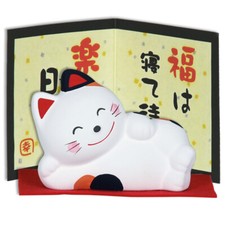 Japanese 3.5"L Clay White Maneki Neko Lucky Cat with Felt  Screen Made in Japan