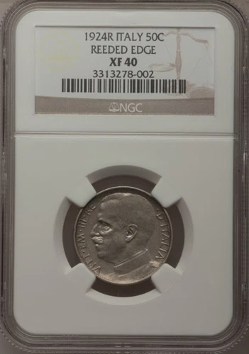 ITALY KINGDOM 1924-R  50 CENTESIMI COIN, NGC CERTIFIED XF 40, KEY DATE!