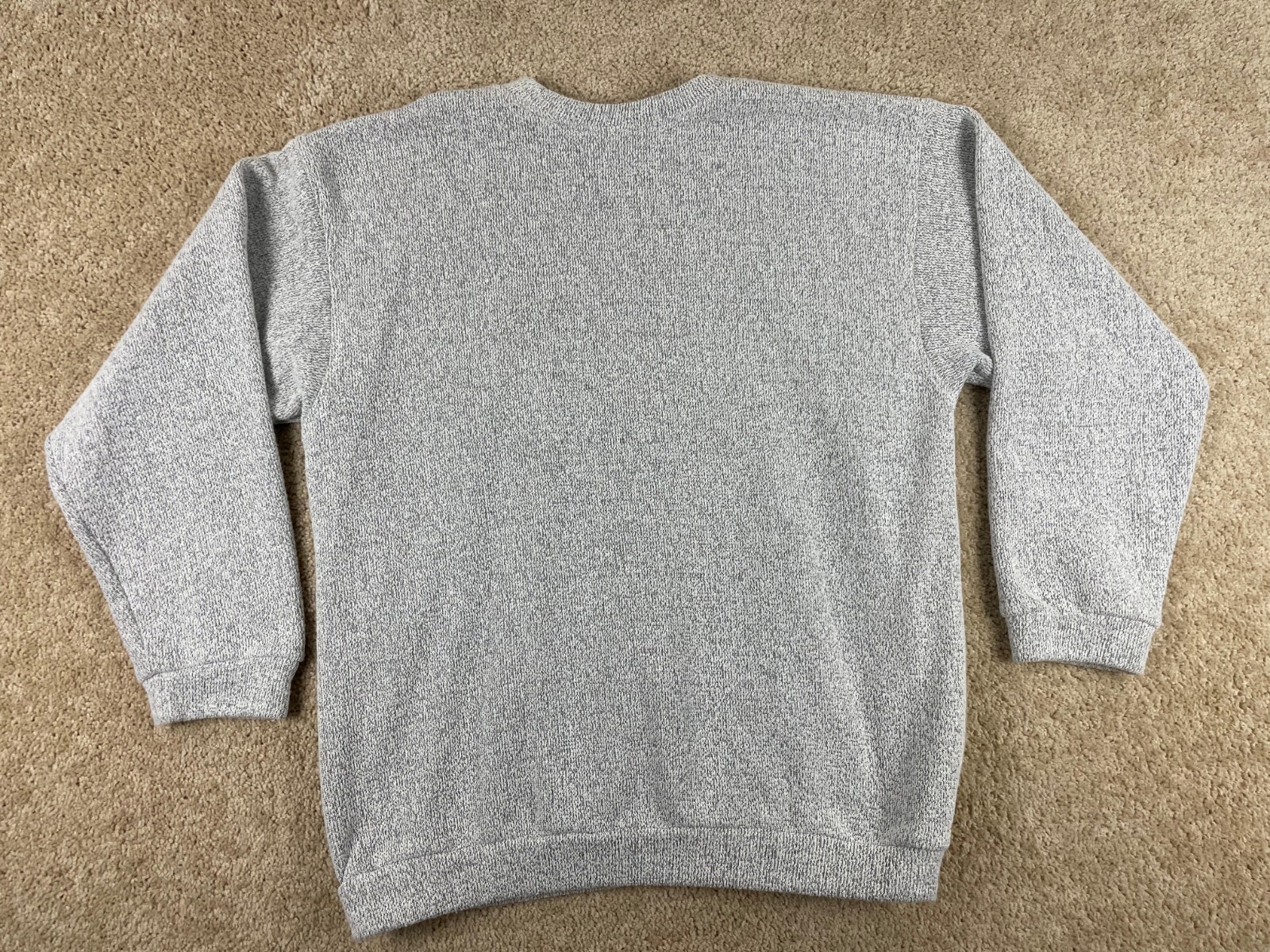 Gray vintage pullover sweater with long sleeves, back zipper, and textured knit, made in USA, Ocean City MD.
