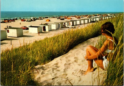6x4'' Postcard Løkken - Denmark - Woman in Foreground, Huts & Cars on Beach
