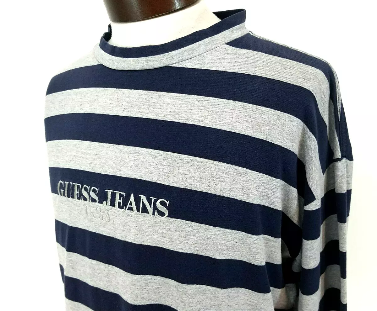 VTG 90's GUESS JEANS USA T-shirt Blue Gray Striped Boxy L/S L EUC! *RARE * | eBay