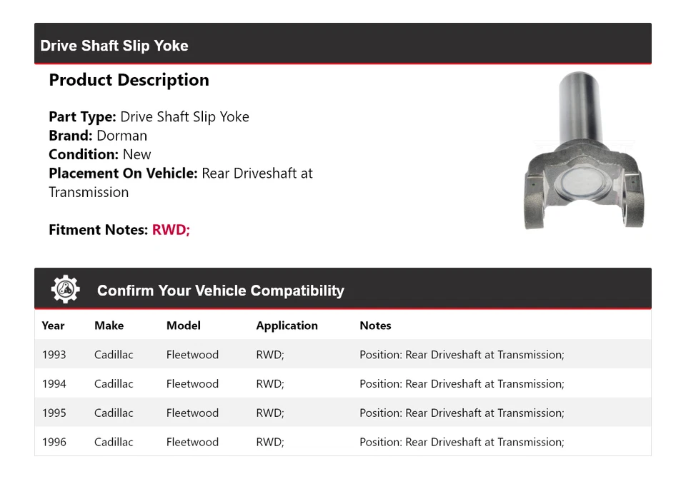 Yugo deslizante de eje de transmisión Dorman 1994 1995 tracción trasera Cadillac Fleetwood 1993-1996 Foto 2 de 4