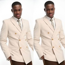 Beige Men's Suits Peak Lapel Double Breasted Formal Wedding Groom Tuxedo 2pcs