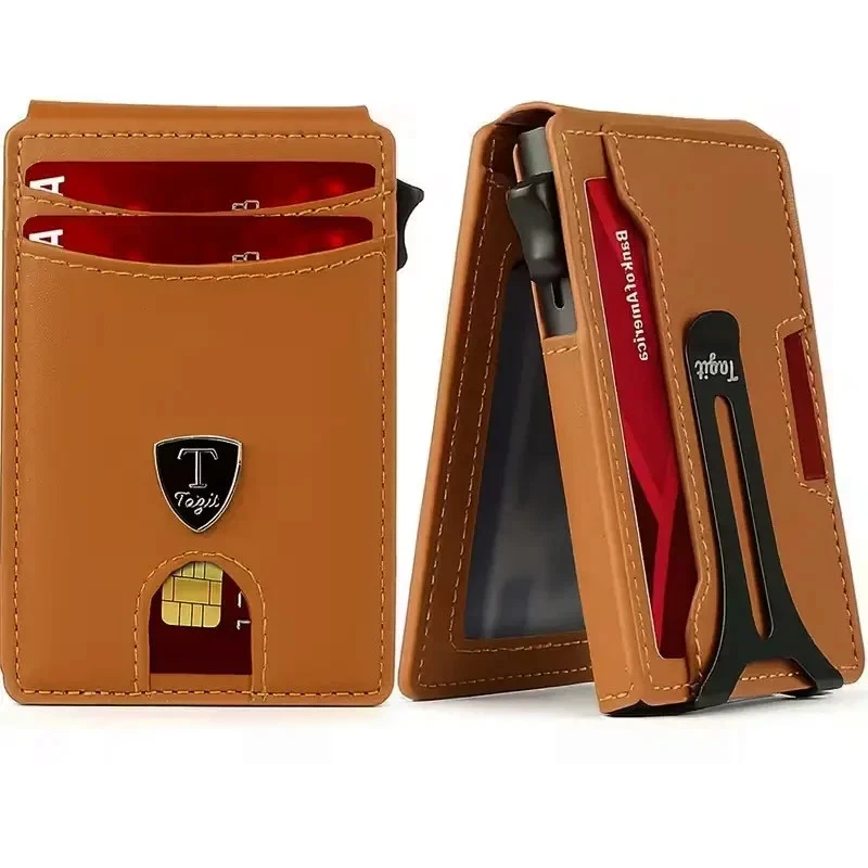 Cartera de cuero emergente con bloqueo RFID para hombre delgada doble pliegue con clip para dinero lista para regalo Foto 3 de 3