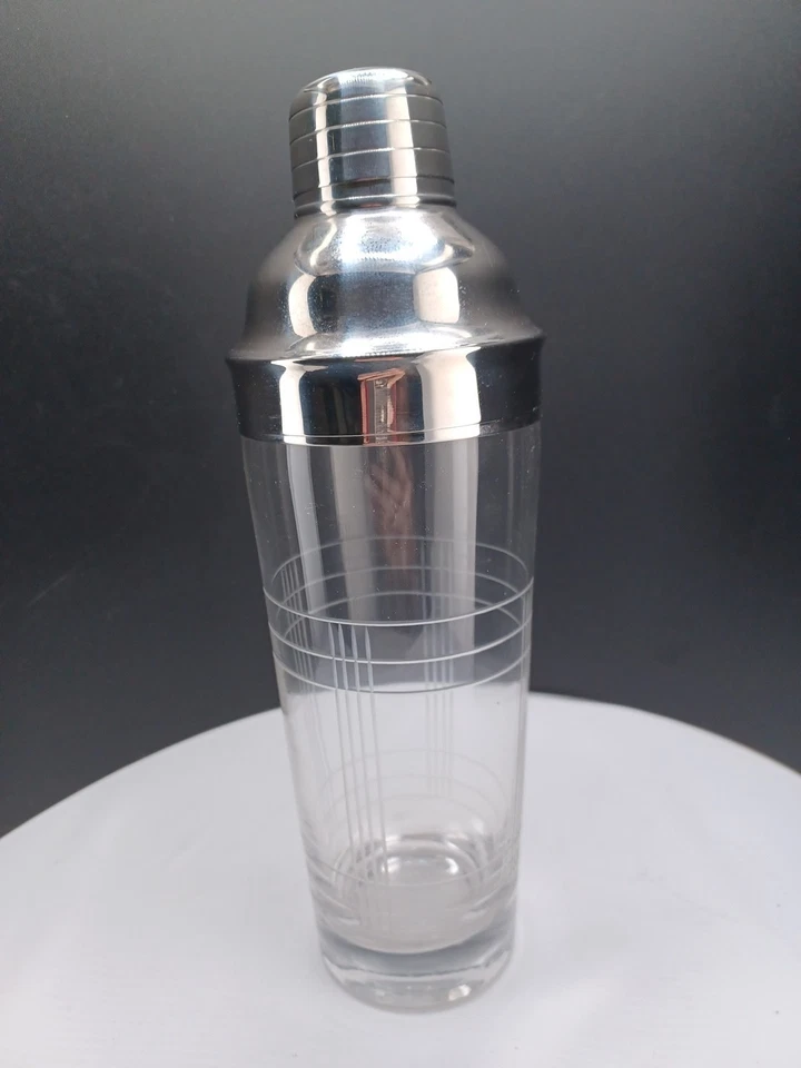 Coctelera de vidrio RETRO ART DECO rejilla grabada borde y tapa de acero inoxidable Foto 2 de 4