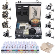 Professional Tattoo Kit 8 Machine Gun Needle Power Supply 40 Color Ink Fake Skin