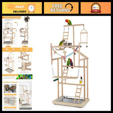 Wooden Parrot Playstand with Feeder Cups  Bells - 4-Layer Bird Gym Playground f