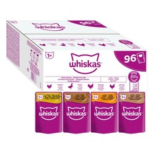96 x 85g Whiskas 1+ Poultry Feasts Mixed Adult Wet Cat Food Pouches in Jelly 4.53 per kilo