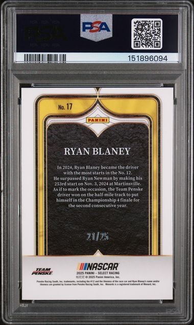 2025 SELECT NASCAR RYAN BLANEY NUMBERS - TIE - DYE ICE PRIZM PSA 9 view 2