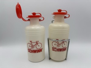 Vintage 1970s Lot of 2 Schwinn Road Bike Water Bottle w/Lid + Cage & Mount