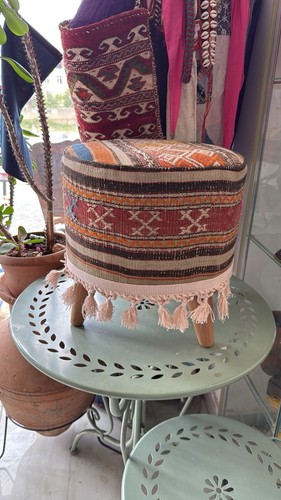 Ottoman Vintage Coffee Stool With Vintage Tribal Kilim Rug Design - 35cm x 35cm - Picture 2 of 4