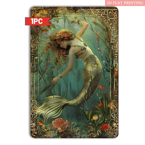 Vintage Mermaid Girl Golden Toned Tin Metal Signs Home Décor 8x12