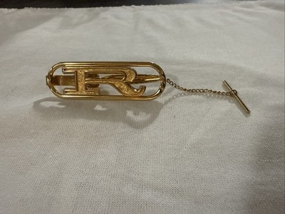 Letter R Initial Large Tie Clip Big Goldtone Vintage