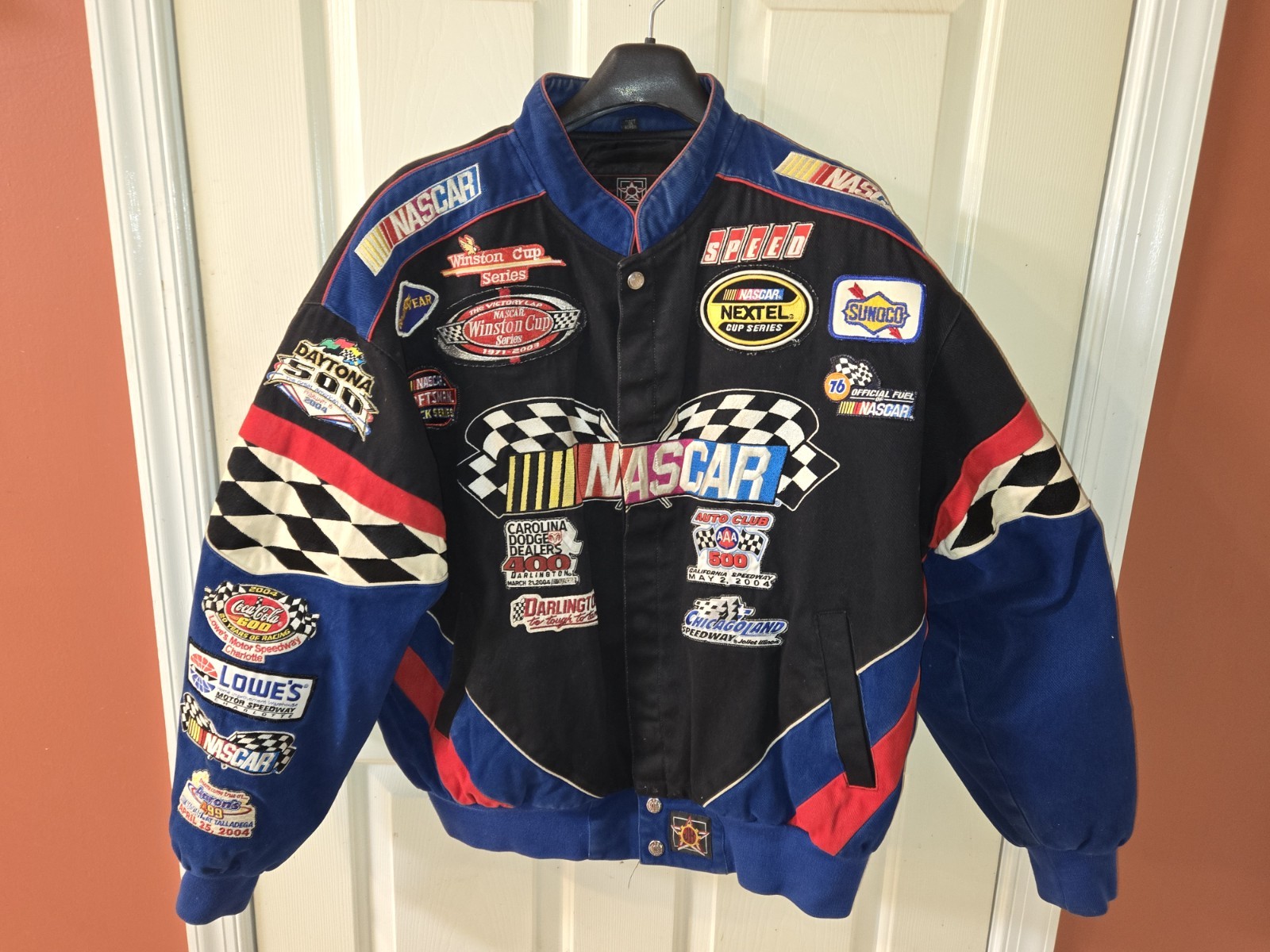 VTG JH DESIGN NASCAR RACING  JACKET CUSTOMIZED MANY PATCHES SIZE XL BLUE BLACK
